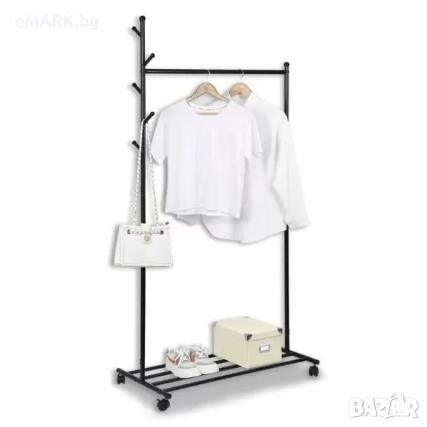 Щендер на колела за обувки и дрехи от стомана със закачалка релси и 5 броя куки, снимка 1