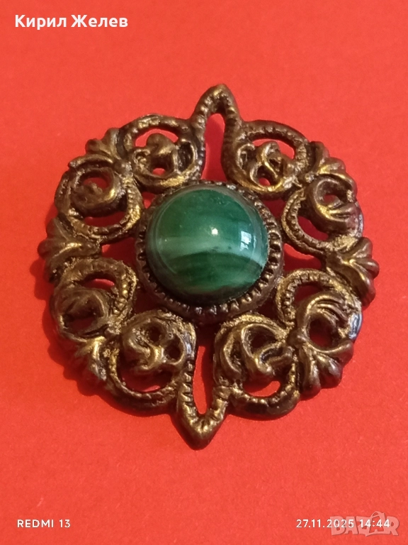СТАРИННА БРОШКА АРТ ДЕКО СТИЛ СКЪПОЦЕННА с ЗЕЛЕН АХАТ 52224, снимка 1