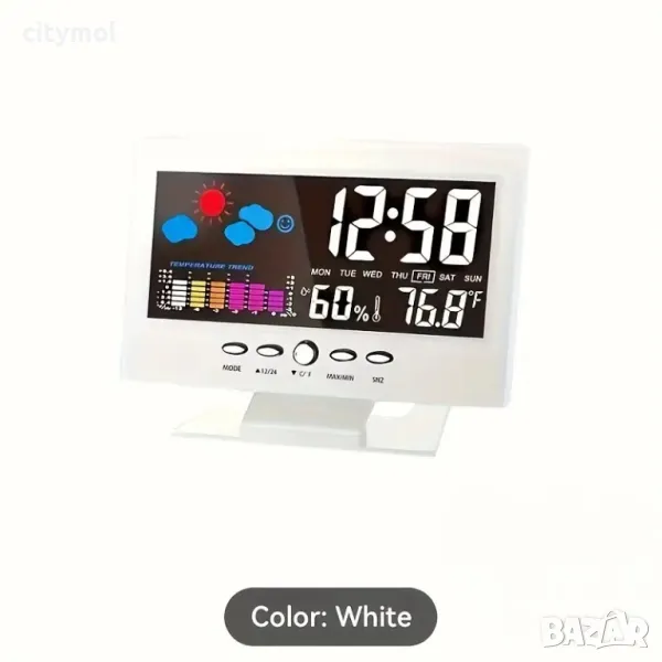 Вътрешна цветна LCD метеорологична станция, часовник, аларма, вграден дисплей за час и дата, снимка 1