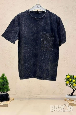 Тениска парен памук Джоб декориран с камъни 