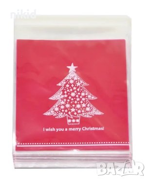 50 елха Merry Christmas червени Коледни опаковъчни пликчета торбички за дребни сладки или подаръци