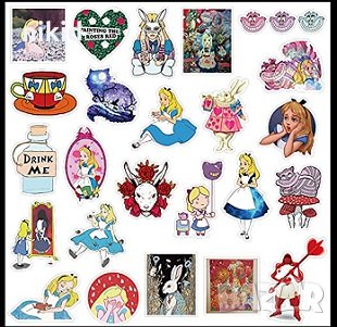 50 бр Алиса в страната на чудесата големи самозалепващи лепенки стикери украса картонена торта ръчна, снимка 3 - Други - 35614081