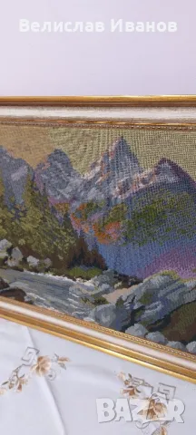 Антикварен гоблен планински пейзаж в перфектно състояние. , снимка 7 - Гоблени - 50245224