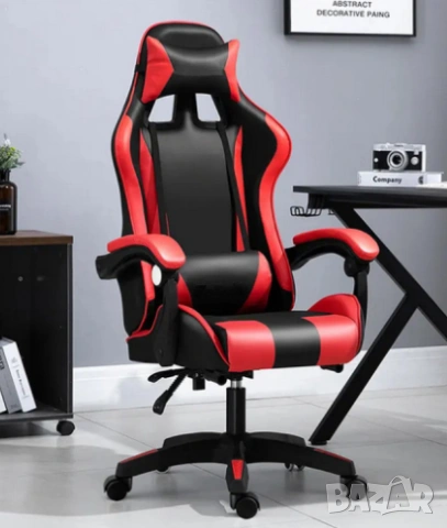Геймърски стол с регулируема височина, лумбална възглавница и метална основа