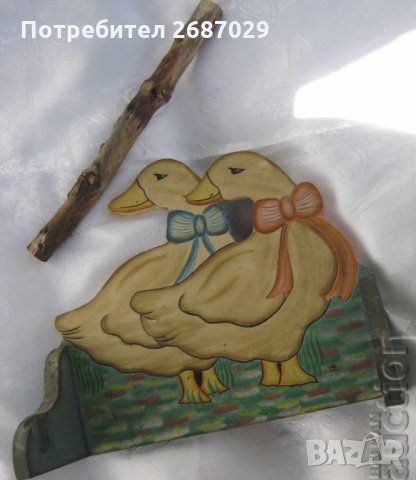 Закачалка, стар ДЪРВЕН пешкирник с  патки патка птица рисунка, снимка 3 - Други ценни предмети - 28946460