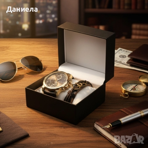 Елегантен мъжки комплект – часовник с черна каишка и гривна с метален щит, снимка 8 - Мъжки - 51932878