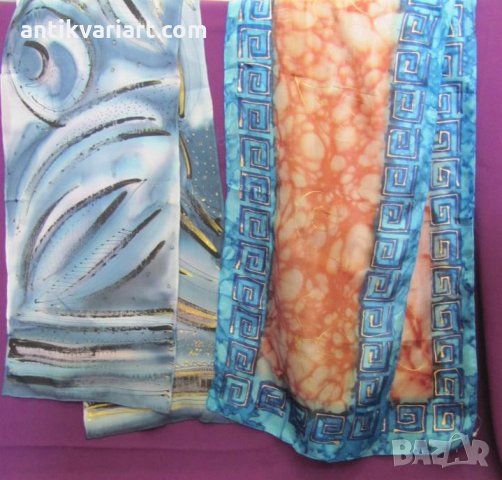 Стари 2 броя Ръчно Рисувани Копринени Дамски Шалове, снимка 1