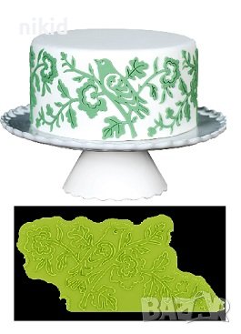 Птица птичка врабче на клон с цветя контур съединяващ силиконов молд форма дантела фондан шоколад, снимка 2 - Форми - 37600071