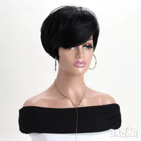Къса черна синтетична перука