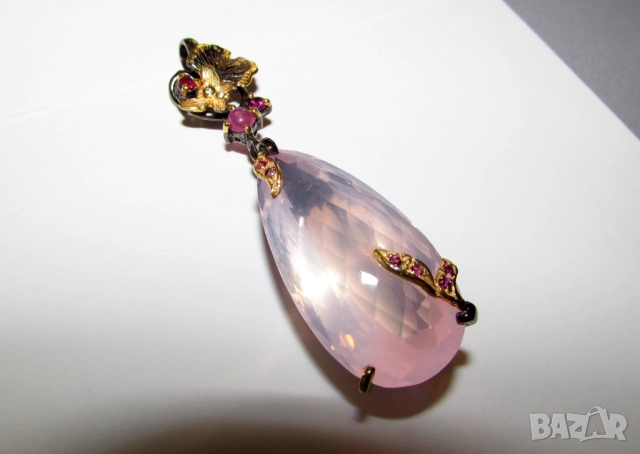 925 сребърно колие с розов кварц 50 карата, снимка 2 - Колиета, медальони, синджири - 52886149