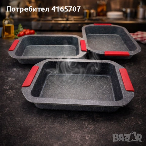 Комплект 3 тави за печене Cheffinger с мраморно покритие и силиконови дръжки – здрави, удобни и спес, снимка 4 - Съдове за готвене - 53192633