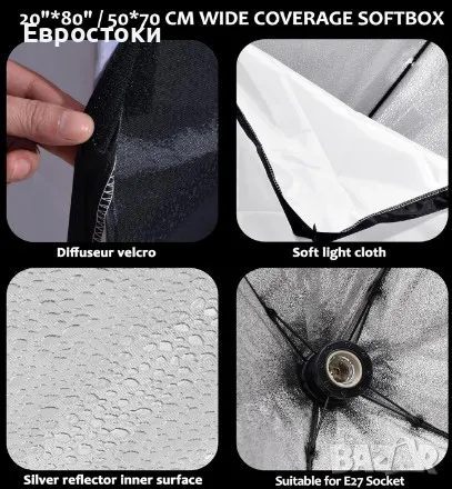 Комплект студийно осветление Zingbabu, фотографски осветителен комплект със софтбокси 50x70 см, снимка 4 - Светкавици, студийно осветление - 48734155