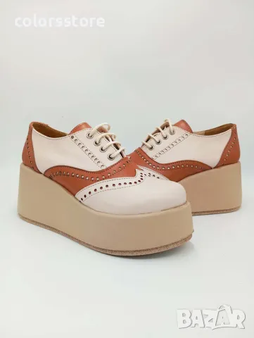 Обувки на платформа - бежово и кафяво кожа - 450-L