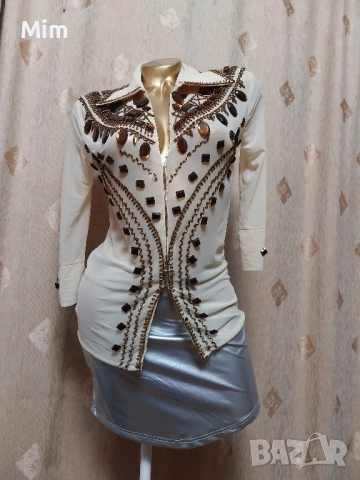 S Дамски риза с дълъг ръкав от прозрачен еластичен тюл с камъни , снимка 3 - Ризи - 51981987