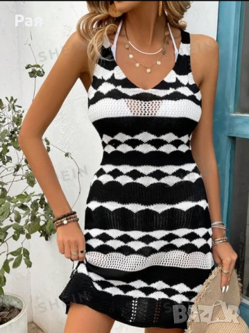 Плетена черно бяла рокля, снимка 2 - Рокли - 50658094