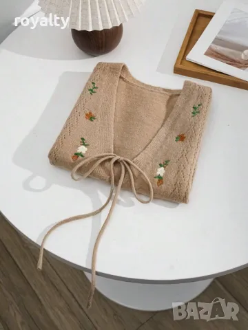 Елек с флорална бродерия в цвят каки 🥥, снимка 4 - Елеци - 49206120