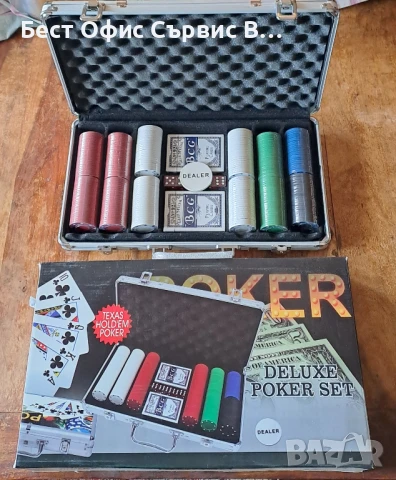 покер комплект в луксозен метален куфар и картонена кутия, с 300 чипа, 2 тестета с карти, 5 зара, снимка 2 - Други игри - 50969716