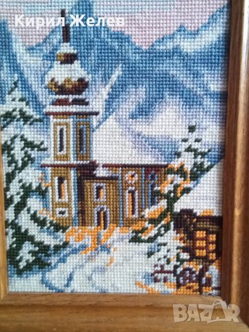 СТАР ГОБЛЕН НЕМСКА ЦЪРКВА ЗИМЕН ПЛАНИНСКИ ПЕЙЗАЖ в ДЪРВЕНА РАМКА 30918, снимка 3 - Гоблени - 37791424