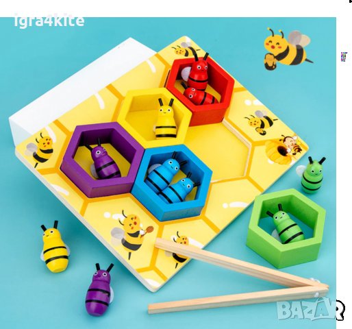 дървена играчка - кошер с пчели, хексагони и пинсети, снимка 2 - Образователни игри - 34751878