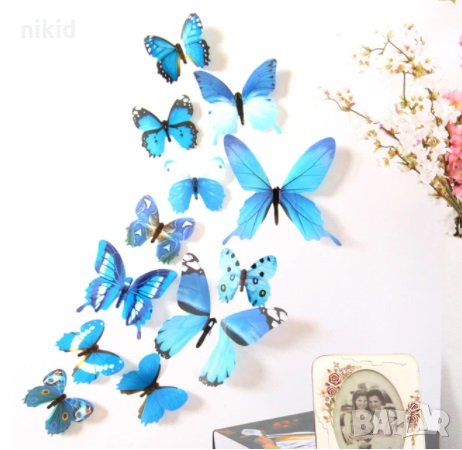 3D 12 бр pvc синьо черни самозалепващи пеперуди декорация за стена и мебел