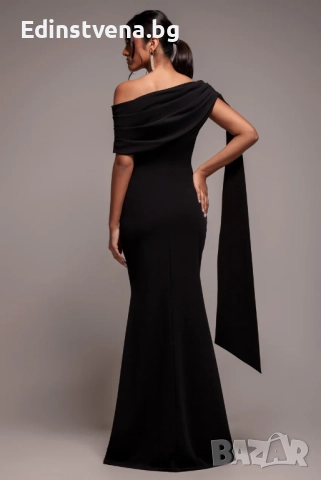 Дамска дълга черна рокля с голо рамо и елегантна драперия, снимка 2 - Рокли - 52391983