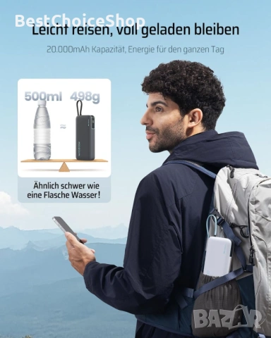 CUKTECH 45W 20000mAh Пауърбанк с Вградени Кабели, Бързо Зареждане – USB C Портативно Зарядно