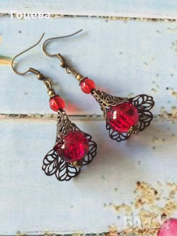  Разкошните обици Магнолия в рубинено червено с прекрасно цвете в цвят Античен бронз , снимка 4 - Обеци - 33664629