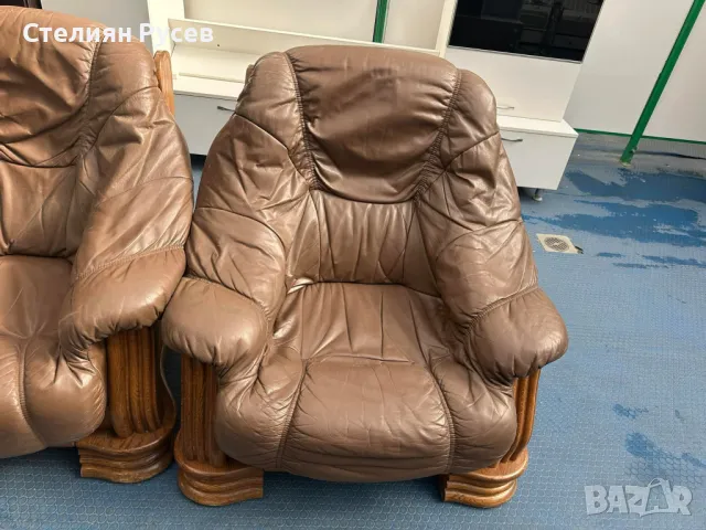  100325 кожен холов диван 2ка 130 см + диван 3ка 200см + фотьойл / холна гарнитура / ретро / тъмно к, снимка 7 - Дивани и мека мебел - 49434439