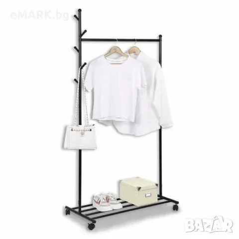 Щендер на колела за обувки и дрехи от стомана със закачалка релси и 5 броя куки, снимка 1