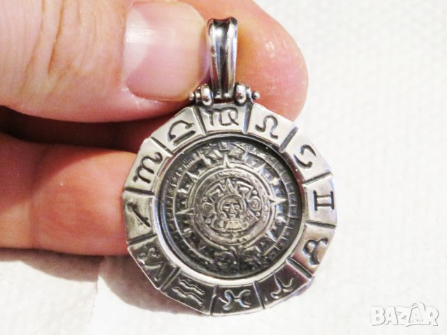 Сребърен синджир със сребърен медальон с вечния календар на Маите, обгърнат от 12-те зоди, снимка 4 - Колиета, медальони, синджири - 32290799