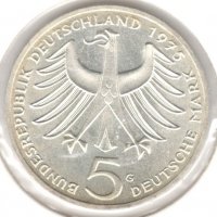 Germany-5 Deutsche Mark-1975 G-KM#143-Albert Schweitzer-Silver, снимка 2 - Нумизматика и бонистика - 37625478