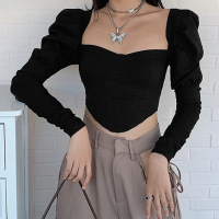 Черна къса дамска блуза по тялото с дълги буфан ръкави р-р S, снимка 2 - Блузи с дълъг ръкав и пуловери - 44862691