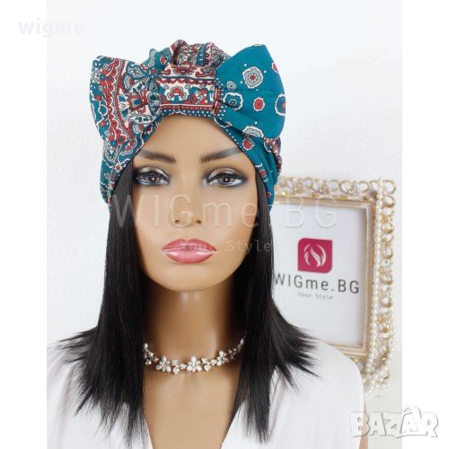 Тюрбан за коса с пандела и орнаменти в синьо-зелено, снимка 1