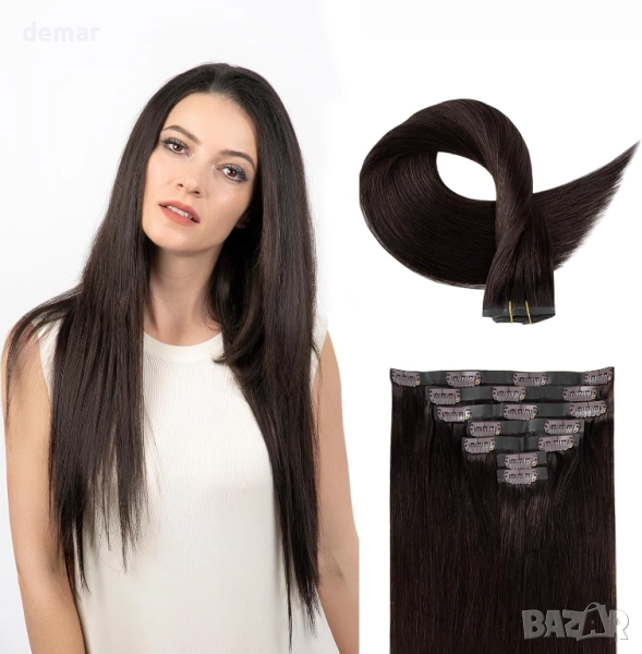 SOBEAUTY екстеншъни за коса с щипки, 100% човешка коса, 110 гр, 7 броя (тъмнокафяви #2 55 см), снимка 1