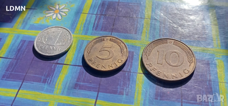 3 Монети 1, 5 и 10 Pfennig 1983 A, F, G Германия, снимка 1