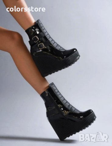 Боти на платформа - черен лак - B2001, снимка 2 - Дамски боти - 38093467
