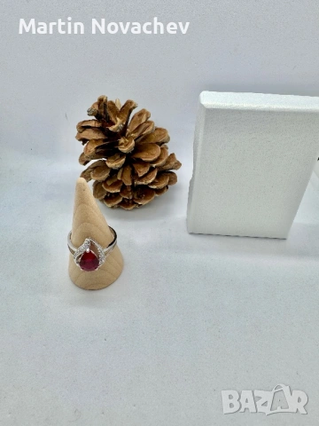 Сребърен пръстен със синтетичен рубин, снимка 2 - Пръстени - 53438219