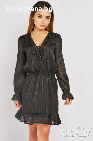 Разпродажба! Дамска елегантна рокля с дълъг ръкав и връзки на деколтето, снимка 5 - Рокли - 53093421