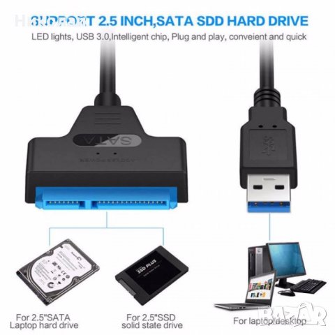 SATA кабел USB 3.0 преходник свързване на HDD SSD хард дискове към лаптоп компютър сата кабел, снимка 2 - Кабели и адаптери - 27772592