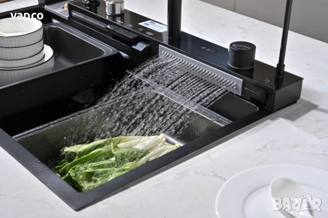 Черна мултифункционална кухненска мивка с двоен водопад , снимка 5 - Мивки - 52127972