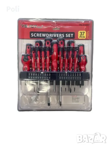 Комплект отвертки и битове с държач 37 части, черни/червени, снимка 1