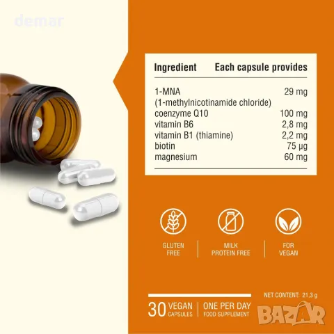 Ендотелио клетъчна 1-MNA, оптимизиране на NAD+, анти стареене с CoQ10, магнезий и В комплекс, снимка 7 - Хранителни добавки - 47650307