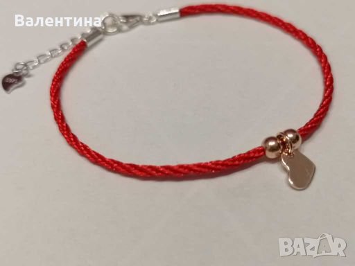 Дамска гривна червен шнур и сребърно сърце със покритие от розово злато, снимка 5 - Гривни - 28244551