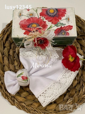 Дървена кутия с 6 пръстена за салфетки с макове и маргаритки !, снимка 3 - Декорация за дома - 53061712