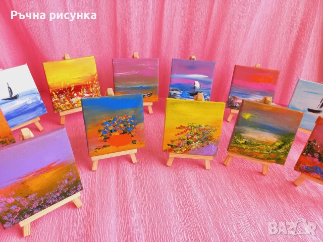 Малки рисувани картини с природа и море със статив , снимка 2 - Декорация за дома - 44423656