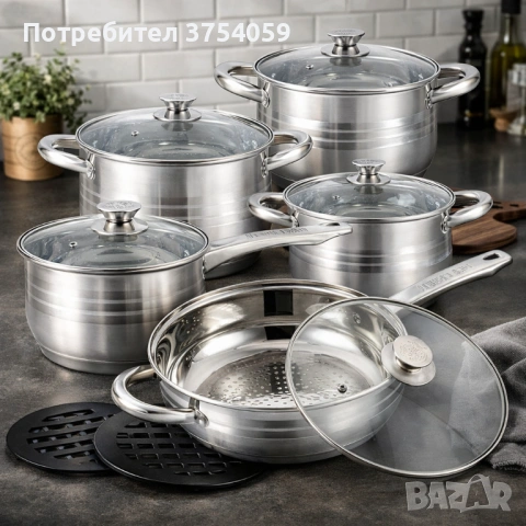 Комплект съдове за готвене 12 части Cheffinger, с индукционно дъно и стъклени капаци , снимка 2 - Съдове за готвене - 53174359