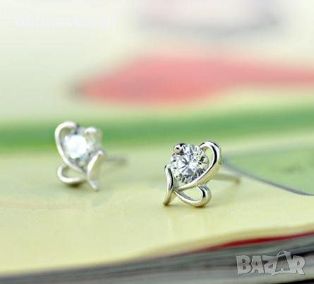 Сребърни Обеци Диамантено сърце - 925 печат сребро BA237, снимка 2 - Обеци - 28148025