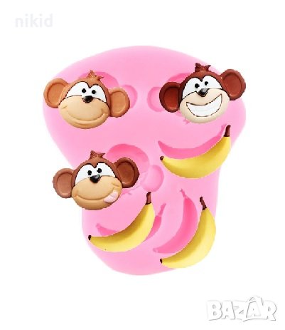 3 маймунки маймуна и банани силиконов молд форма декорация и украса фондан шоколад тесто, снимка 2 - Форми - 19740502