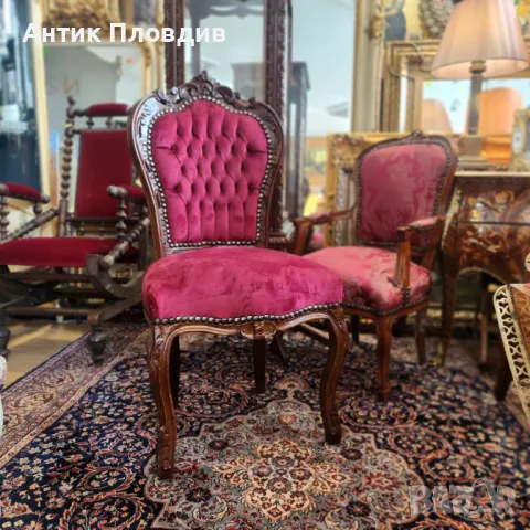 Декоративен стол в Луи XV стил с тапицерия от кадифе – нова изработка, снимка 2 - Столове - 49930438