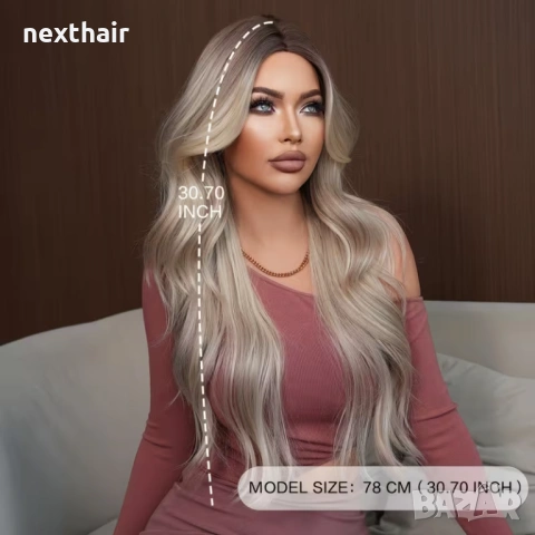 Пепеляво руса перука Ombre - тъмни корени, преливни руси нюанси, 78 см, снимка 4 - Аксесоари за коса - 53559033